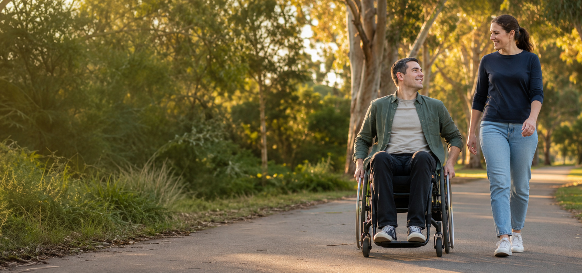 Divine Path Care support worker walking and talking with an NDIS participant in a Melbourne park